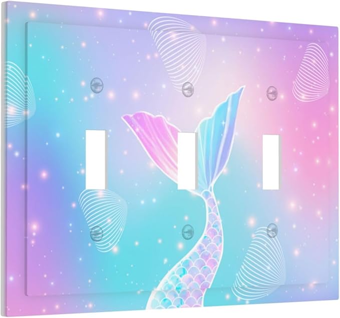 Mermaid 3 Gang Light Switch Cover Rainbow Tail Scales Jelly Fish Triple Toggle Wall Plate Decorative Electrical Switchplates Faceplate for Nursery Girls Boys Room Kids Room Decor
