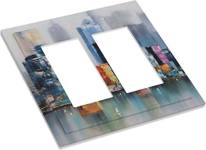 Colorful Nyc Skyline Textured Modern Abstract Decorative Outlet Covers 2 Gang Double GFCI Rocker Electrical Wall Panels Light Switch Cover Plate for Bedroom Living Room Decor