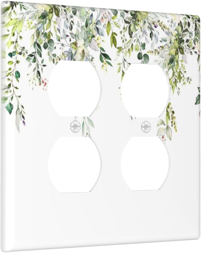 Outlet Covers Green Eucalyptus Leaves Floral Wildflower 2 Gang Double Duplex Decorative Light Switch Covers Electrical Wallplates Socket Faceplate For Bed Room Living Room Decor