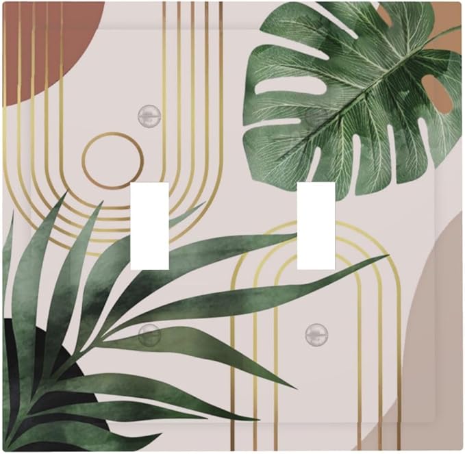 Vintage Abstract Retro Minimalist Aesthetic Art Mid Century Boho Sun Bohemian Palm Leaf Decorative 2-Gang Double Toggle Outlet Light Switch Wall Plate Electrical Receptacle Faceplate Cover Jumbo Size