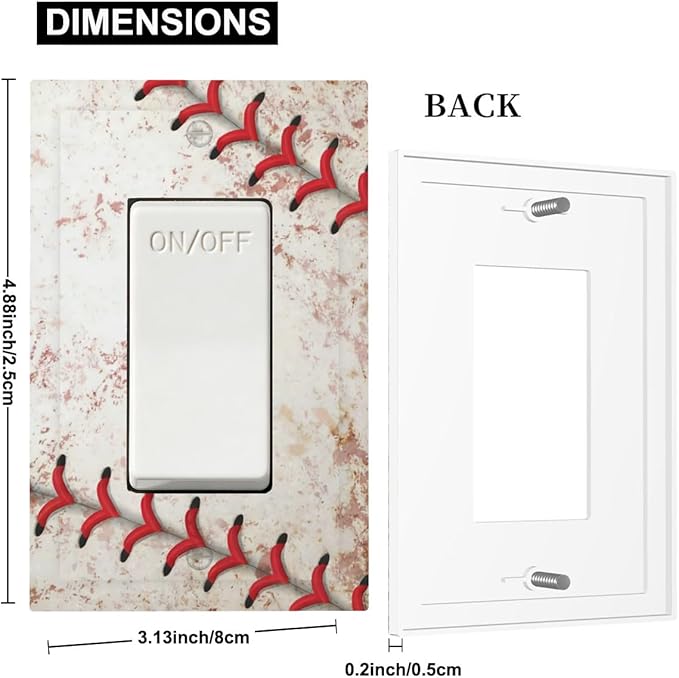Vintage Baseball Stitch & Distressed Leather Single Rocker Switch Cover - 1-Gang Standard US Size Home Run Game Themed Light Switch Covers for Boy's Bedroom Decor