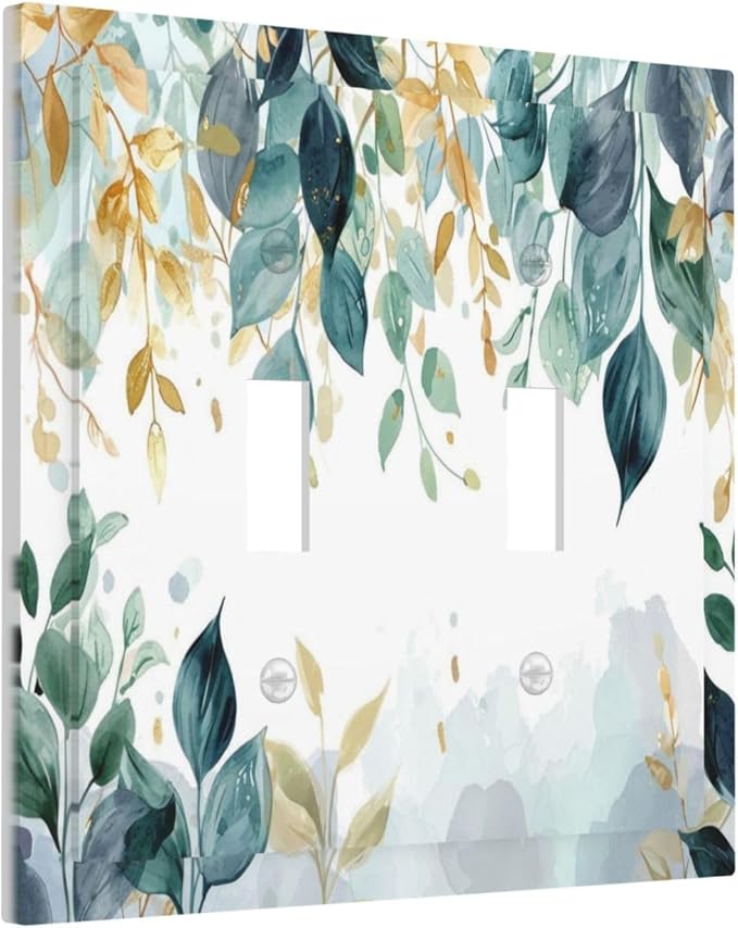 Boho Goldgreen Leaf Botanical Eucalyptus Leaves Decorative Switch Plates 2 Gang Double Toggle Outlet Light Switch Cover Wall Plate Electrical Faceplate for Bedroom Living Room Decor