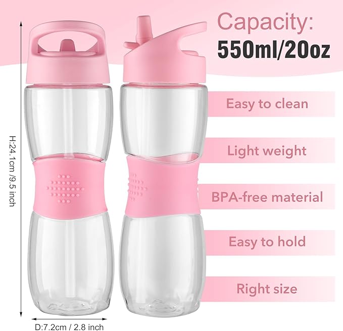 Sivaphe Clear Water Bottle with Straw 18 oz Portable Tritan Transparent Sports Drinking Bottle for School Girls Pink