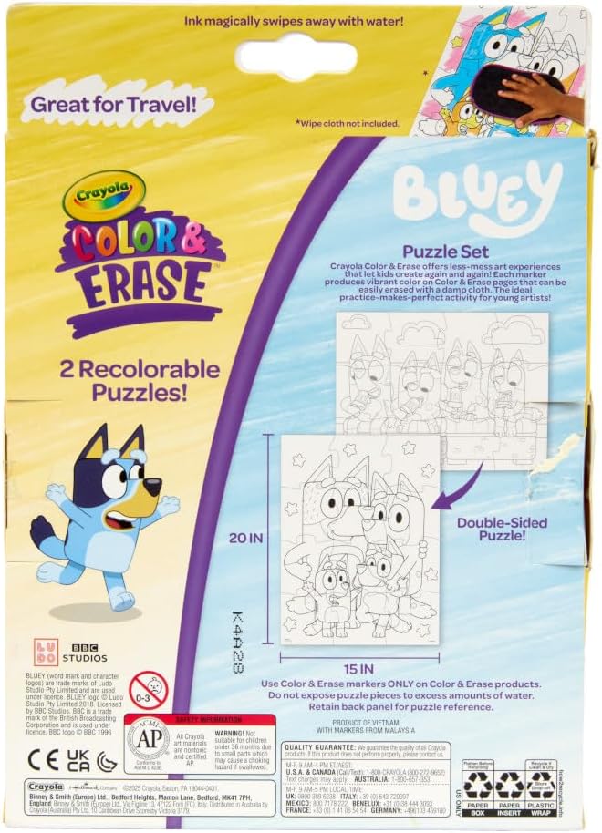Crayola Color & Erase Bluey Puzzle Set, 12 Color in Puzzle Pieces, Reusable, Double Sided Kids Puzzle, Bluey Gift for Kids, 3+