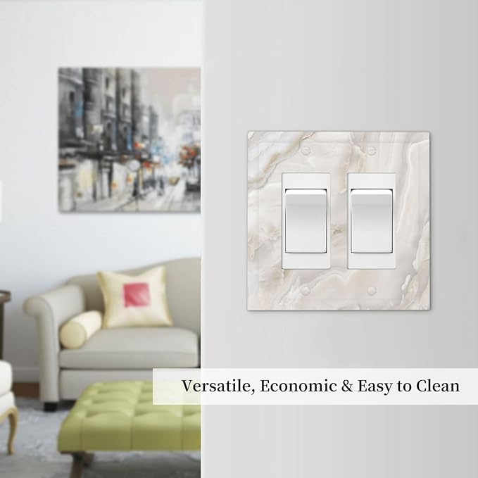 Abstract Luxury White Marble Texture Decorative Outlet Covers 2 Gang Double GFCI Rocker Electrical Wall Panels Light Switch Cover Plate for Bathroom Kitchen Living Room Decor