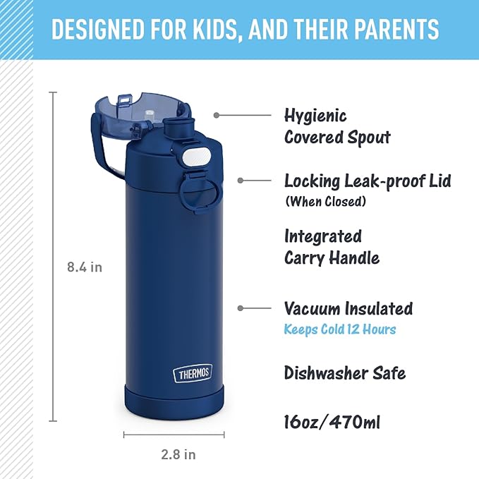 THERMOS FUNTAINER 16 Ounce Stainless Steel Vacuum Insulated Bottle with Wide Spout Lid, Navy