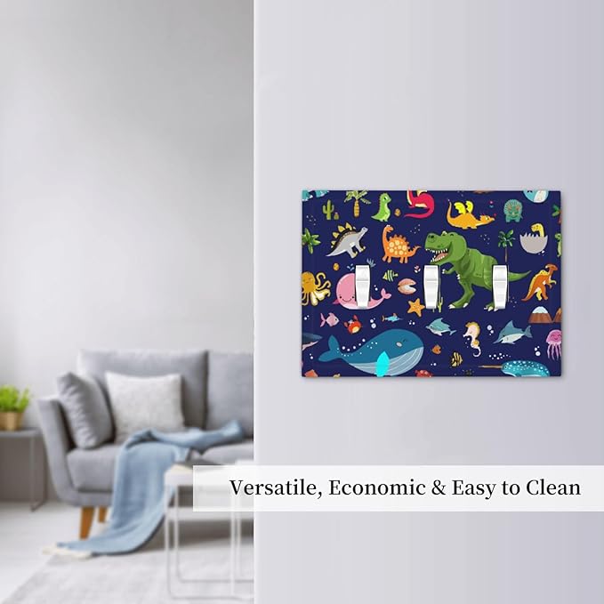 Cartoon Funny Cool Blue/Green Dinosaur 3 Gang Toggle Light Switch Cover, Ocean Dolphin Whale Fish Boy Kid Decorative Three Device Triple Toggle Switch Face Wall Plate Electrical Decorator Outlet Cover