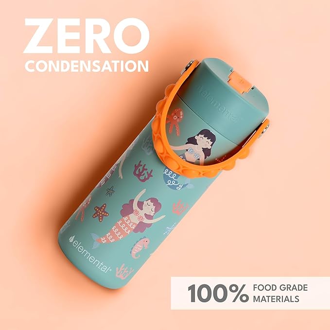 Elemental Insulated Kids Water Bottle, Stainless Steel Water Bottle with Straw Lid & Pop-It Handle, Leak-Proof Water Bottles for School, Boys or Girls, Travelling and Sports, 18oz - Mermaid Sisters