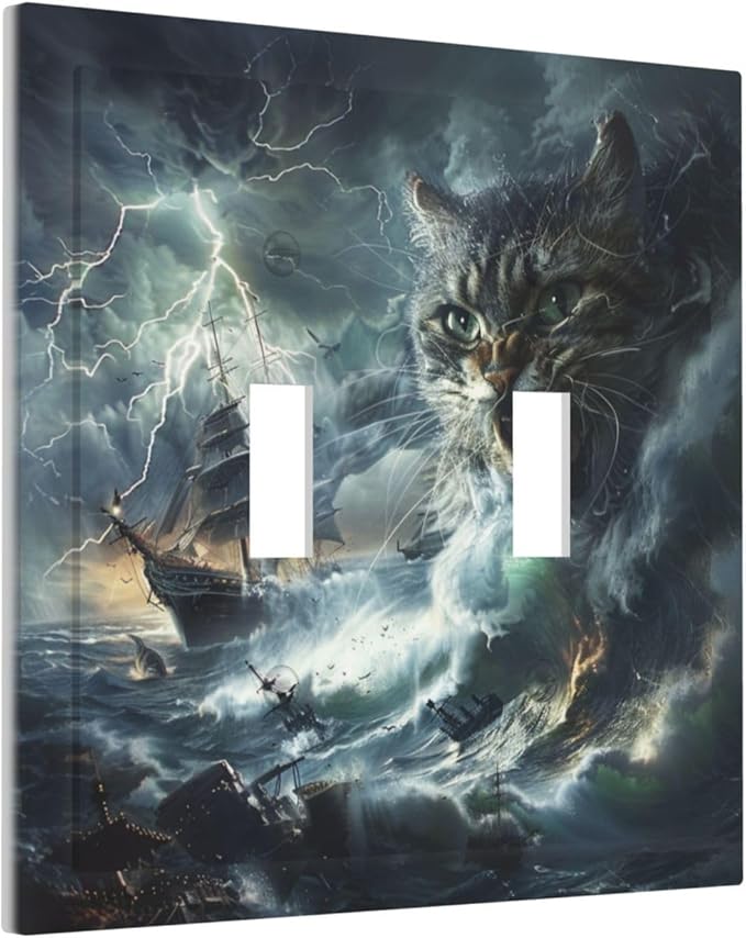 Light Switch Cover Plate funny Cat Stormy sea Lightning Sailboats 2 Gang Double Toggle Decorative Switch Plates Wall Plates Electrical Faceplate for Bathroom Kid Room Decor