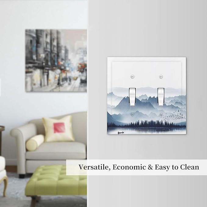 Decorative Switch Plates Mountain Foggy Lake Boat Grey Blue Forest Birds 2 Gang Double Toggle Wall Plate Outlet Light Switch Cover Electrical Faceplate for Bedroom living Room Decor