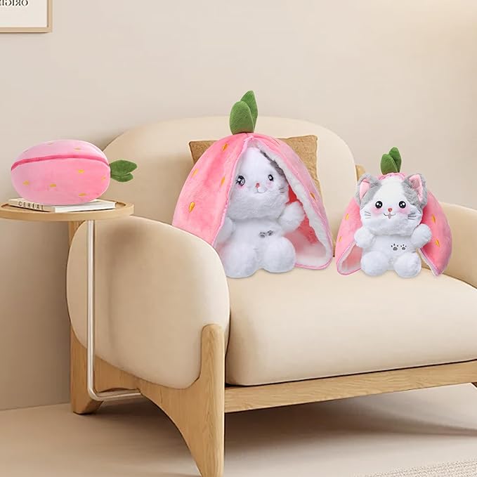 MIAODAM Cat Plush Stuffed Animals, Cute Reversible Strawberry Turn Into Cat Zip Plush, Funny Plushies Toy in A Strawberry Stuffie for Kid (7.8inch)