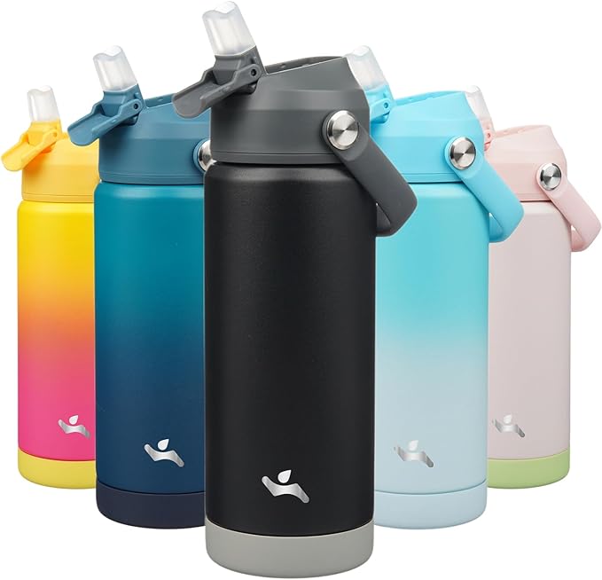 Konokyo Insulated Water Bottle with Straw Lid,18 oz Stainless Steel Vacuum Metal Bottle with Silicone Handle,Black