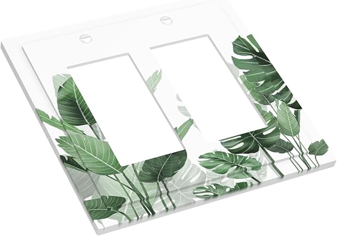 Decorative Outlet Covers Boho Tropical Plant Natural Palm Leaf 2 Gang Double Gfci Rocker Electrical Wall Panels Light Switch Cover Plate For Bed Room Living Room Decor