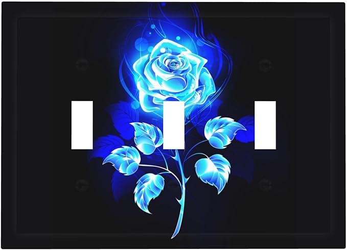 Blue Golden Rose Flower 3 Gang Light Switch Plate Decorative Triple Toggle Wall Plate Cover Electrical Faceplate for Bathroom Home Living Room Decorate