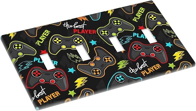 Kid Boys Gamer Gaming Game 4 Gang Device Light Switch Cover Decorative Quad Toggle Wall Plate Decorative Electrical Faceplate for Home Bedroom Art Decorate