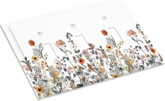 Decorative Switch Plates Colorful Wildflowers Boho Vintage Floral 3 Gang Wall Plate Triple Toggle Light Switch Cover Faceplate Electrical Wall Panels For Bed Room Living Room Decor