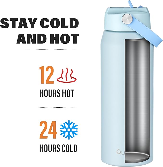 Oldley 24oz Insulated Water Bottle with Straw, Stainless Steel Water Bottle for Sports, Travel, School, BPA-Free Sports Bottles for Adult Kids, Leak-Proof, Light Blue