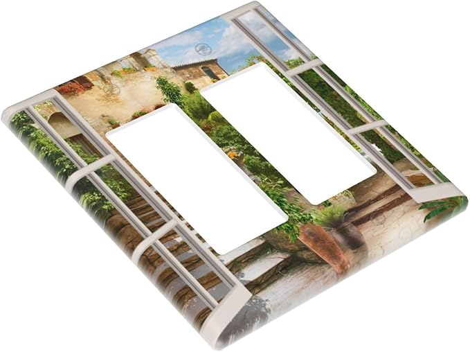 Mediterranean Greece Scene Flowers 2 Gang Double Rocker/Decora Light Switch Cover Decorative Wallplate Italian Town from Another Window Gfci Electrical Faceplate Home Bedroom Art Decor