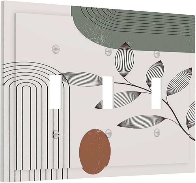 Decorative Switch Plates Sage Green Boho Nature Art Minimalist Geometric Plant 3 Gang Wall Plate Triple Toggle Light Switch Cover Faceplate Electrical Wall Panels for Bedroom living Room