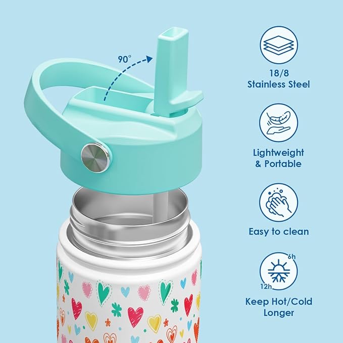 SANDJEST Kid Water Bottle 12oz with Straw Lid - 2-Pack Insulated Stainless Steel Water Bottles for Kids Girls - Travel Cup for School Sports, Bow & Heart