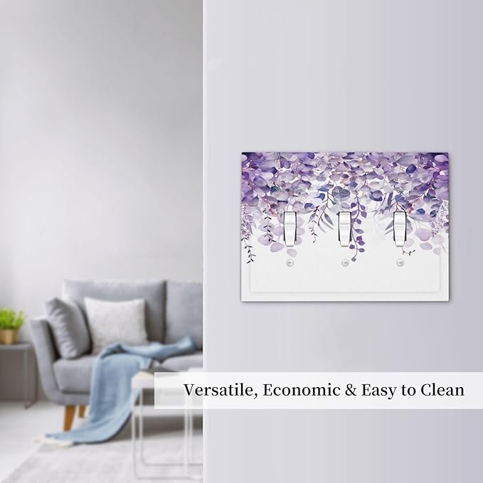 Purple Plants Leaves Eucalyptus Vine Floral Flowers Decorative Switch Plates 3 Gang Wall Plate Triple Toggle Light Switch Cover Faceplate Electrical Wall Panels for Bedroom Living Room Decor