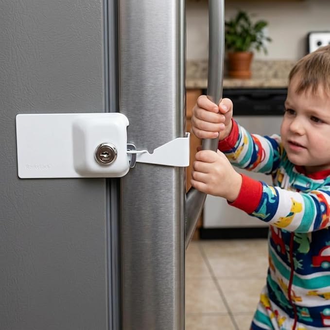 Child Proof Fridge Lock with Keys Child Safety Refrigerator Cabinet Lock (2 Pack, White)