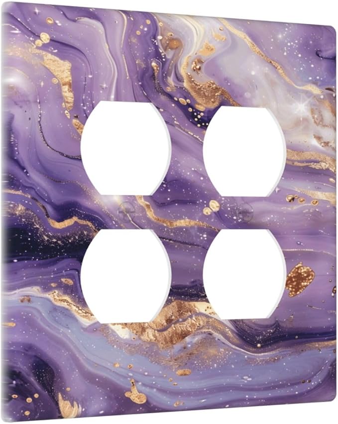 Abstract Purple Gold Marble Texure Luxurious Outlet Covers 2 Gang Double Duplex Decorative Light Switch Covers Electrical Wallplates Socket Faceplate for Bathroom Living Room Decor