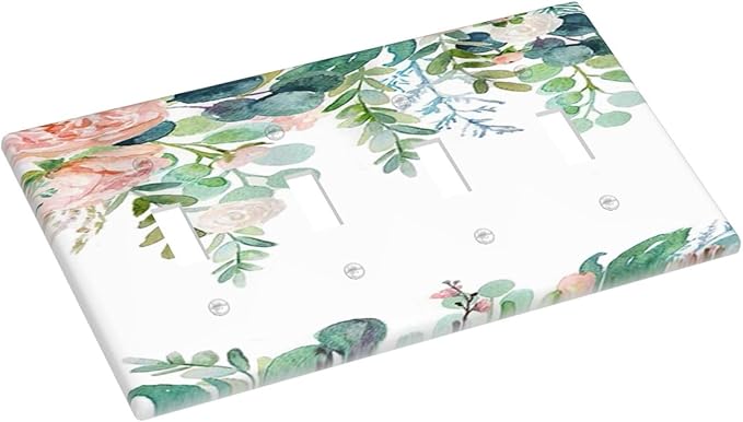 Green Eucalyptus Leaves Floral Watercolor Flower Light Switch Covers Quad Toggle Electrical Faceplate 4 Gang Wall Plate Decorative Switch Plates for Bed Room Living Room Decor