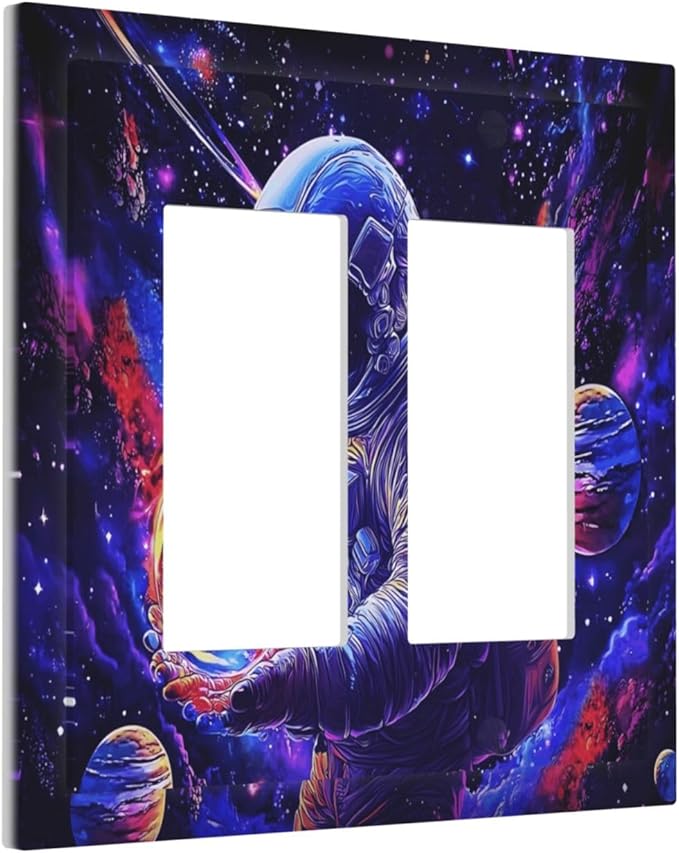 Astronaut Space Cool Galaxy Planet Decorative Outlet Covers 2 Gang Double GFCI Rocker Electrical Wall Panels Light Switch Cover Plate for Kids Room Nursery Decor