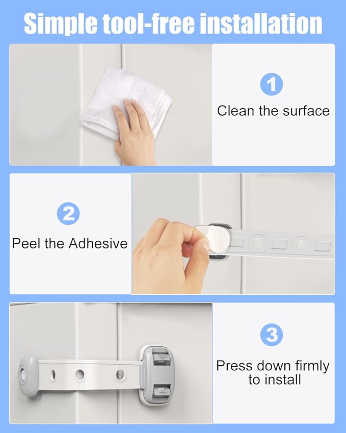 Baby Proofing Child Safety Locks(3 PCS) - Cabinet Locks for Babies,Adhesive Cabinet Latches, Multi-Purpose for Fridge Drawers,Ovens Toilet Seats,Trash Can, No Drilling (3 Count)