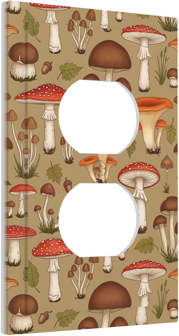 Whimsical Mycology Duplex Wall Plate - 1-Gang Standard US Size Vintage Mushroom Outlet Covers, Woodland Medley for Farmhouse Home Decor
