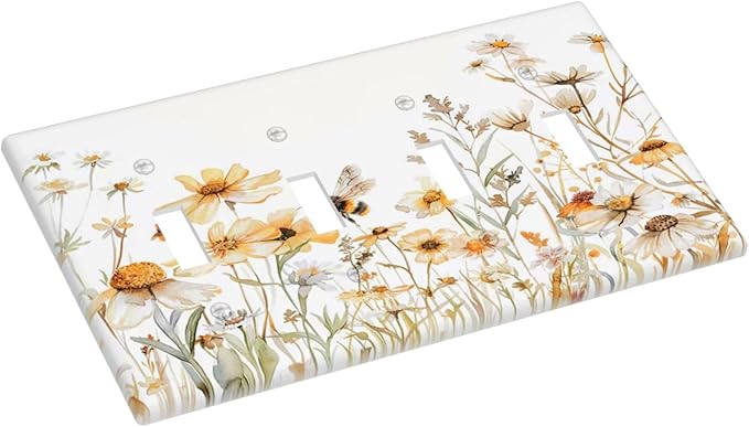 Yellow White Daisy Floral Bee Wild Flower Light Switch Covers Quad Toggle Electrical Faceplate 4 Gang Wall Plate Decorative Switch Plates Cover for Bedroom Living Room Decor