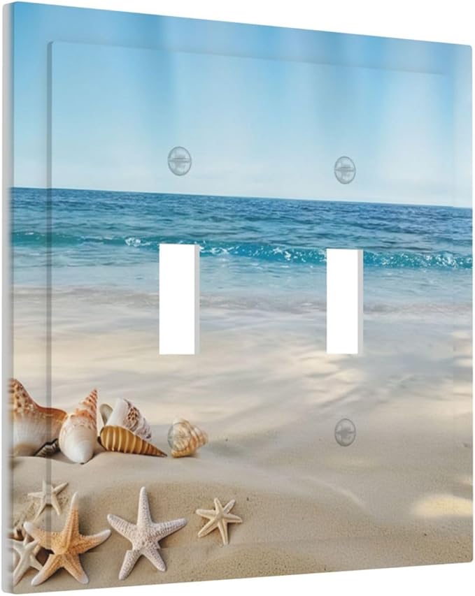 Decorative Light Switch Cover Plate Summer Beach Starfish Shells 2 Gang Switch Plate Covers Double Toggle Wall Plates Electrical Faceplate for Bathroom Home Decor