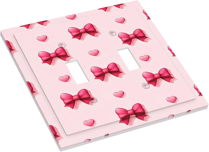 Pink Bow & Heart Double Toggle Switch Cover - 2-Gang Standard US Size Preppy Coquette Light Switch Covers, Sweetheart Girly Pattern for Girls Room