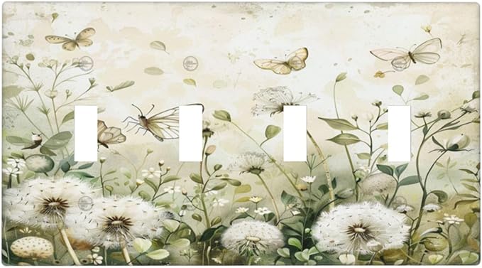 Light Switch Cover Plate Watercolor Butterflies Dandelions Wildflowers 4 Gang Quad Toggle Decorative Switch Plates Electrical Wall Plates Faceplate for Bathroom Bedroom Decor