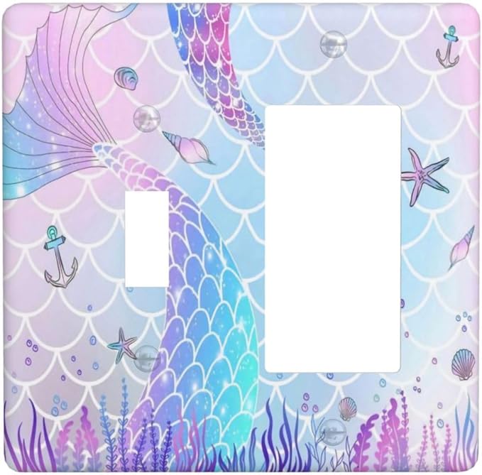 Purple Pink Mermaid Tail Scales Starfish Decorative Single Toggle/Rocker Combo Light Switch Cover 2-Gang Cute Kids Girl Electrical Wall Plate Double Combination Switch Decorator GFCI Receptacle Cover