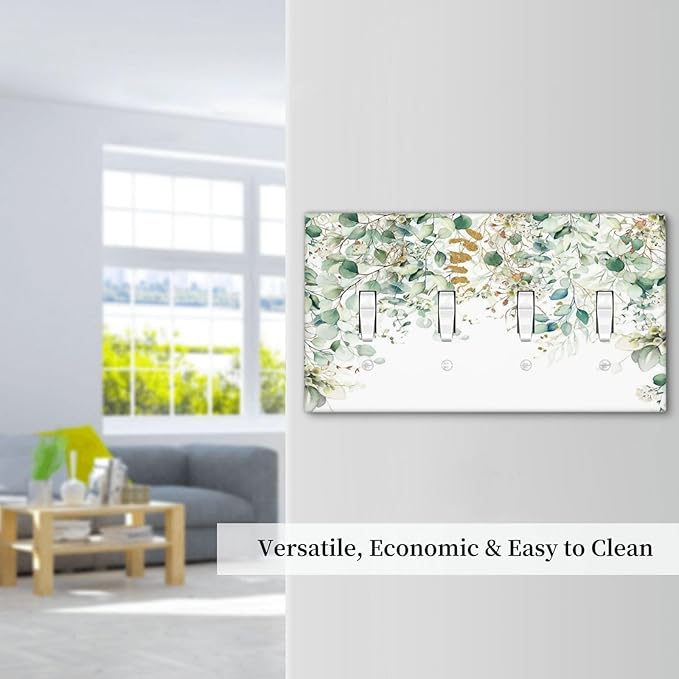 Gold Green Eucalyptus Leaves Plants Flowers Floral Light Switch Covers Quad Toggle Electrical Faceplate 4 Gang Wall Plate Decorative Switch Plates Cover for Bedroom Living Room Decor