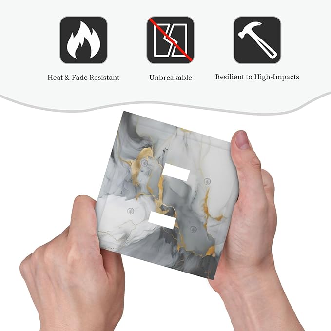 Gold Marble Grey Art Abstract Luxury Print Decorative Switch Plates 2 Gang Double Toggle Outlet Light Switch Cover Wall Plate Electrical Faceplate for Kitchen Bathroom Decor