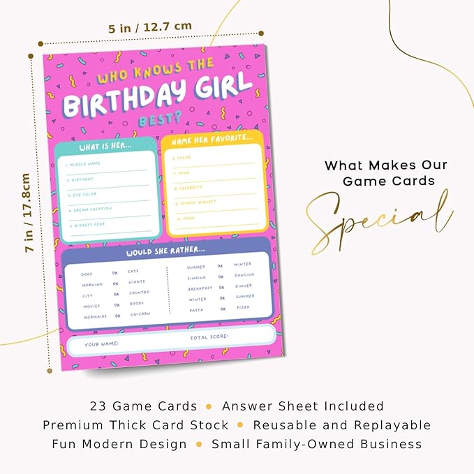 Markt Who Knows The Birthday Girl Best, Birthday Party Games for Kids Party Games, Game Supplies and Activities for Teens, Boys or Girls (Pink)