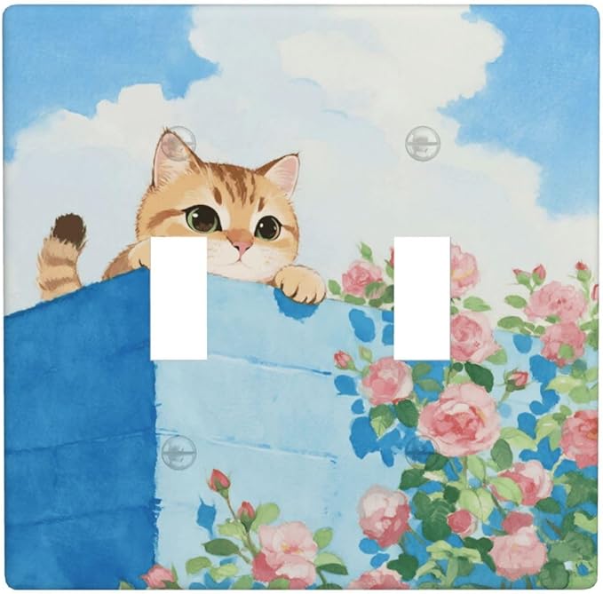 Cat Flower Double Toggle Wall Plate Decorative 2 Gang Light Switch Covers Electrical Switchplate Home Decorate Faceplat for Bathroom Bedroom Kitchen Room 4.5 x 4.5 Inch