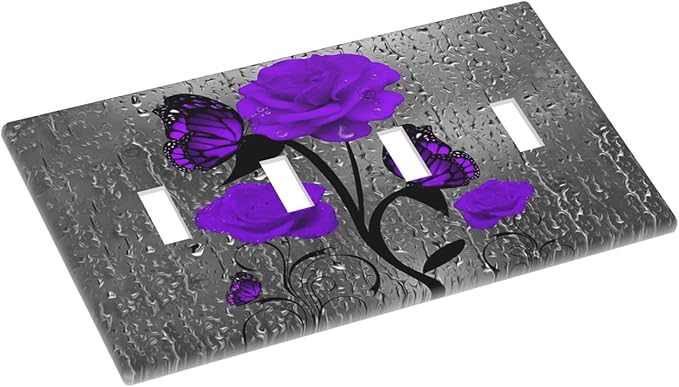 Purple Butterfly Rose Flower 4 Gang Light Switch Cover Decorative Quad Toggle Wall Plate Decorative Electrical Faceplate For Girls Room Bedroom Decorate Screwless 8" x 4.5 Large Size