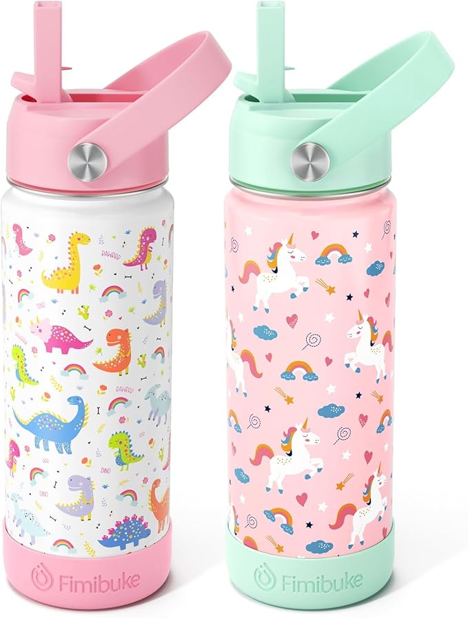 Fimibuke Kids Insulated Water Bottle, 18oz BPA FREE Kid Cup with Straw Double Wall Vacuum Tumbler 18/8 Stainless Steel Leak Proof Toddler Water Bottle for School Boys Girls (2 Pack, Unicorn/Dinosaur)