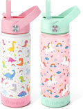Fimibuke Kids Insulated Water Bottle, 18oz BPA FREE Kid Cup with Straw Double Wall Vacuum Tumbler 18/8 Stainless Steel Leak Proof Toddler Water Bottle for School Boys Girls (2 Pack, Unicorn/Dinosaur)