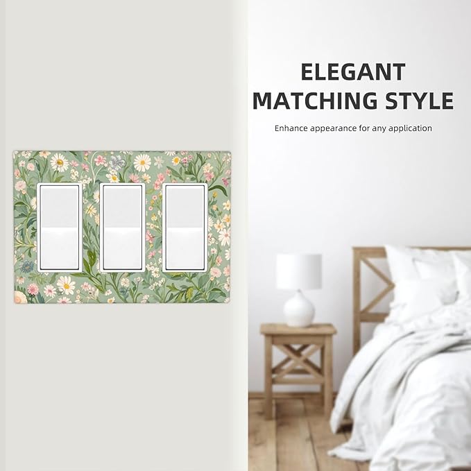 Decorative Light Switch Plate with Vintage Wildflowers & Daisies on Light Green Background Design 3 Gang Outlet Covers Triple Rocker Wall Plate Switch Plate Cover
