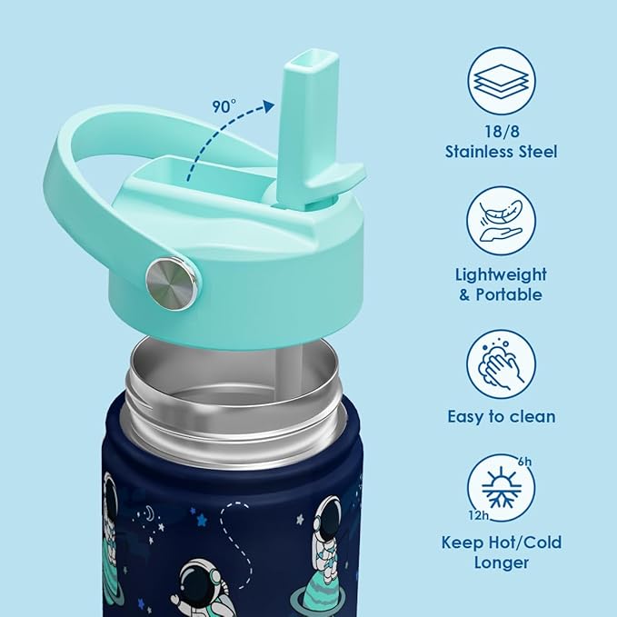 Kid Water Bottle 12oz with Straw Lid - 2-Pack Insulated Stainless Steel Water Bottles for Kids Boys Girls - Travel Cup for School Sports, Outer Space & Astronaut