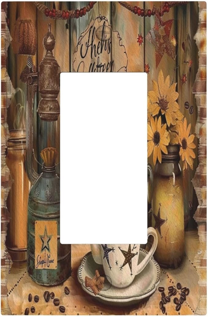 Decorative Outlet Covers Vintage Coffee Pot Star Farmhouse Wood Plank 1 Gang Single Decora GFCI Device Light Switch Cover Plate 1 Rocker Wall Plate Jumbo Switch Plate Cover