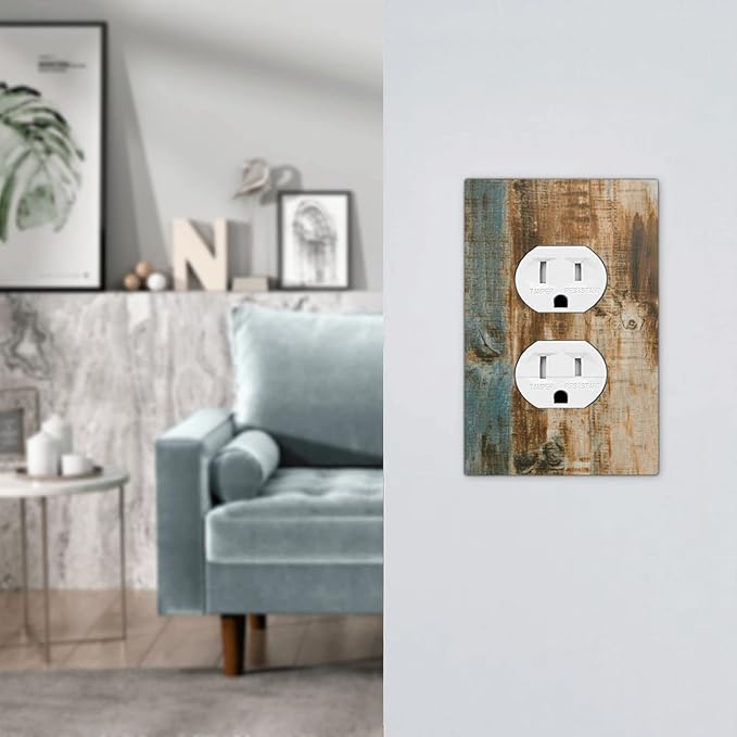 Vintage Wood Barn House Door 1 Gang Outlet Covers Duplex Receptacle Wall Plate Decorative Electrical Faceplate Switchplates For Country Farmhouse Cabin Turquoise Blue Brown Home Bedroom Decorate