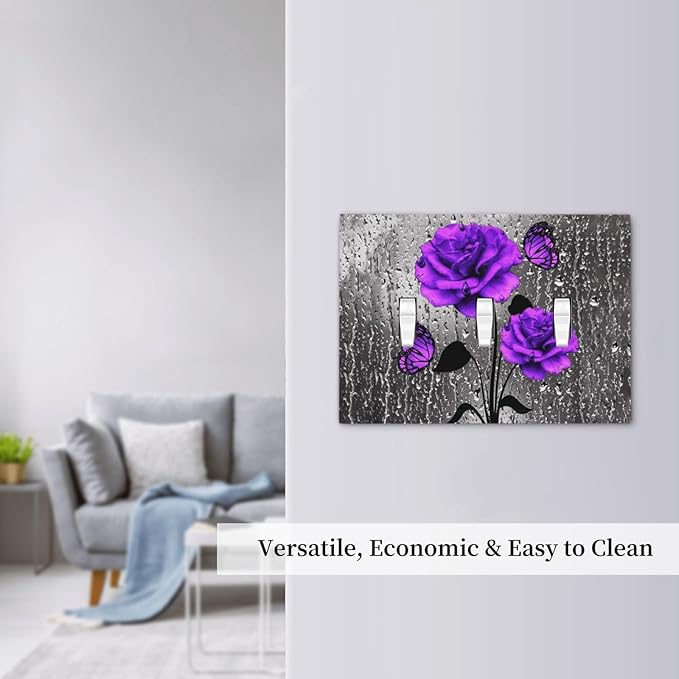 Decorative Rose Art 3 Gang Toggle Light Switch Cover, Purple/Gray Flowers Floral Butterfly Girly Romantic Blossom Triple Toggle Device Switch Face Wall Plate Electrical Decorator Outlet Cover