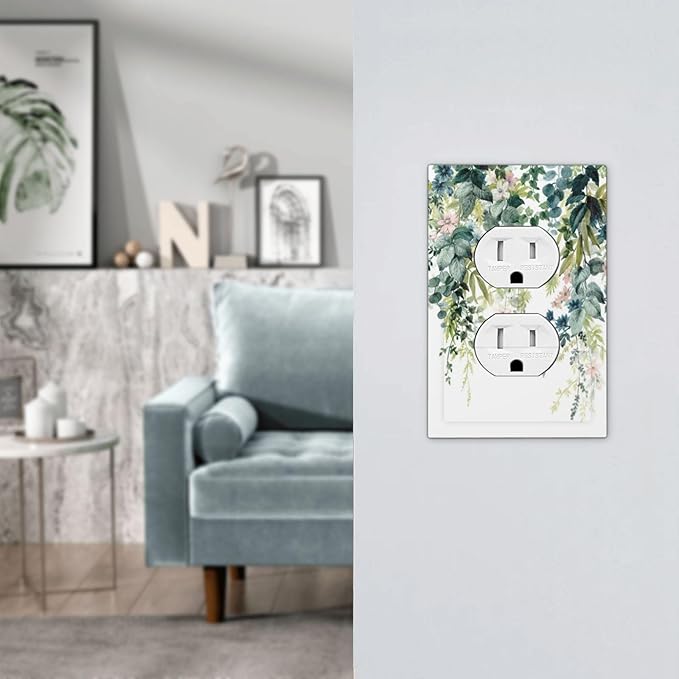 Colorful Plant Flower Sage Eucalyptus Leaves Outlet Covers 1 Gang Duplex Light Switch Cover Decorative Switch Plates Electrical Receptacle Faceplate Wall Plate for Bedroom Living Room Decor