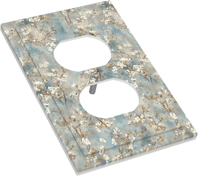 Decorative Outlet Covers Rustic Blue White Plum Blossom Flower 1 Gang Duplex Light Switch Cover Plate Unique Wall Plates for Electrical Switch Plate Covers for Bedroom Home Decor